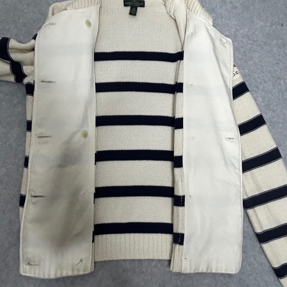 LRL Ralph Lauren Nautical Stripe Double Breasted Cardigan L 100% Cotton Preppy - Picture 9 of 11
